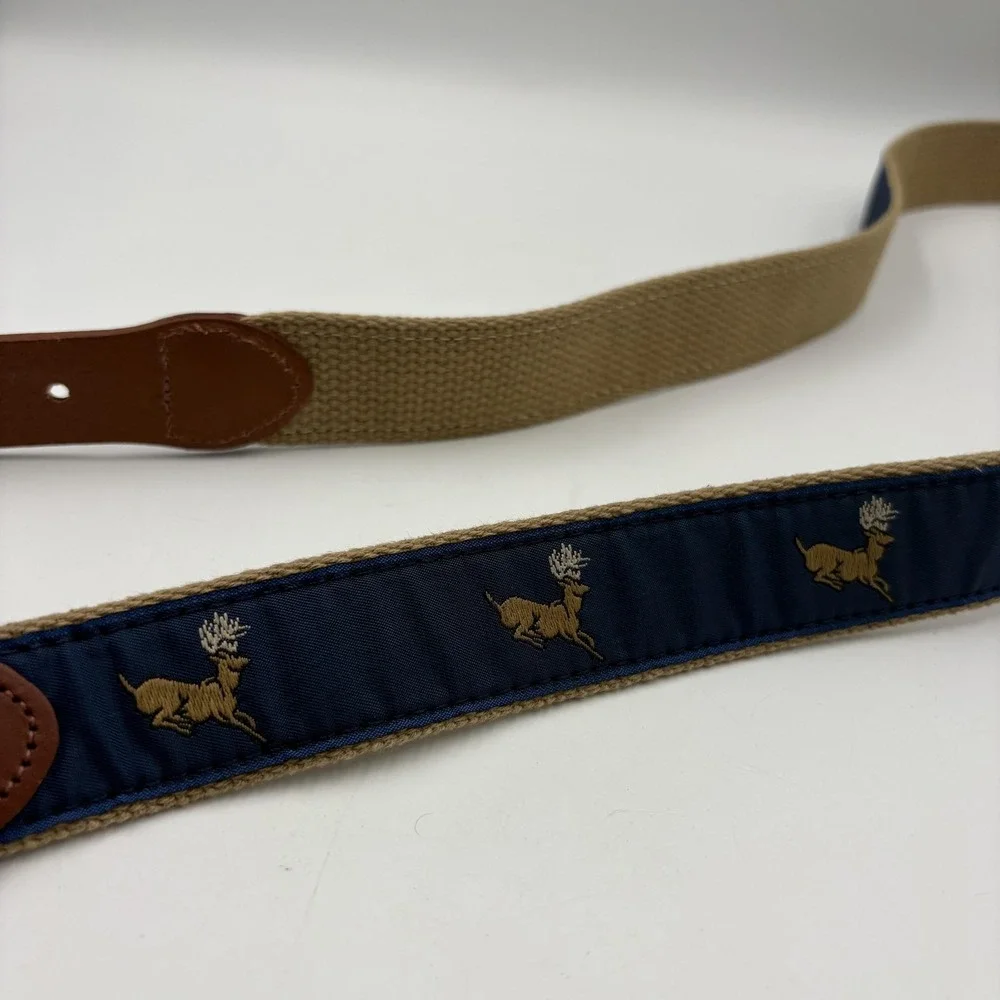 Leather Man Ltd. Ribbon Belt Mens‎ 42 Blue Deer Embroidered Brass Buckle Golf